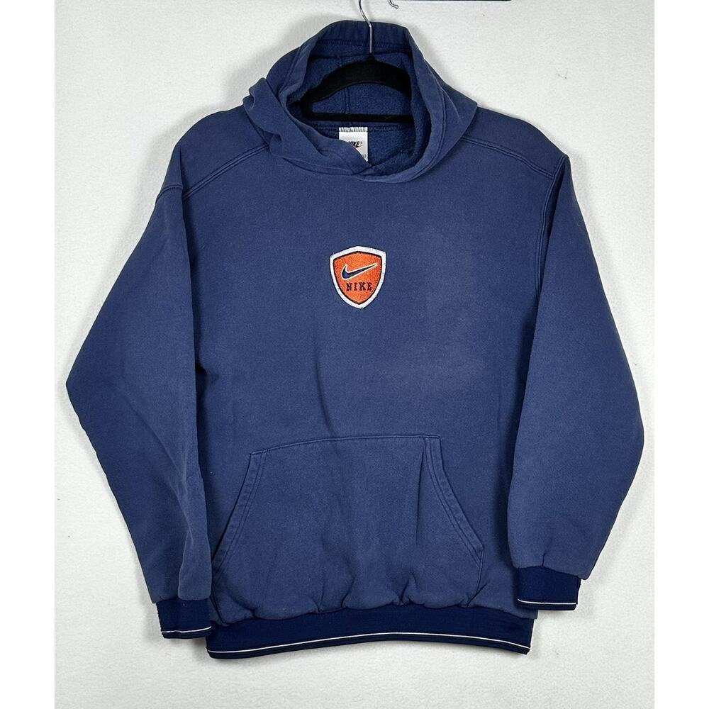 Vintage 90’s Youth Center Swoosh Nike Blue Hoodie Size XL 18-20 USA made Orange